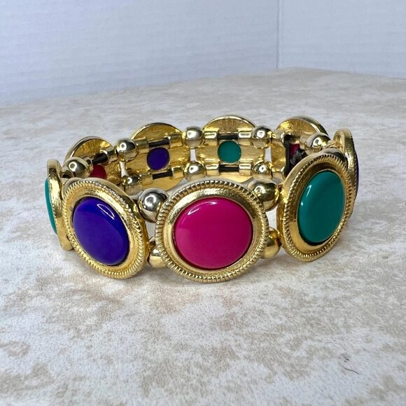 Gold Tone Stretch Bracelet Multi-Color Cabochons - Picture 1 of 3